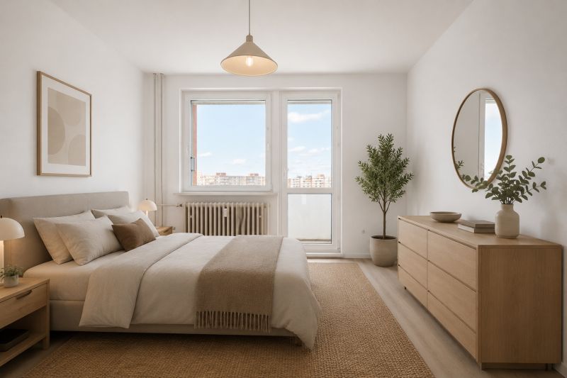 Bedroom in a 3-room apartment with a bed, dresser, and decorative plants.