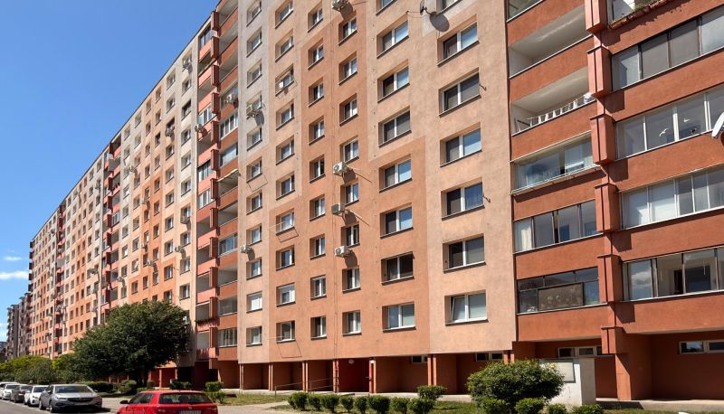 Apartment building on Lachova Street in Petržalka, Bratislava, with parking and greenery.