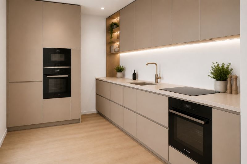 Kitchen in a 3-room apartment with wood-decor flooring, built-in appliances, modern storage solutions.