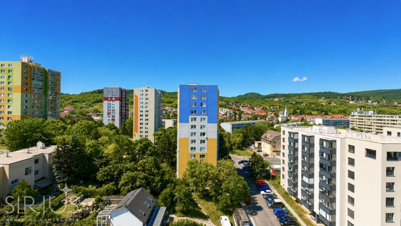 Panorama of Sadmelijska Street in Bratislava-Rača with lush greenery and apartment buildings.