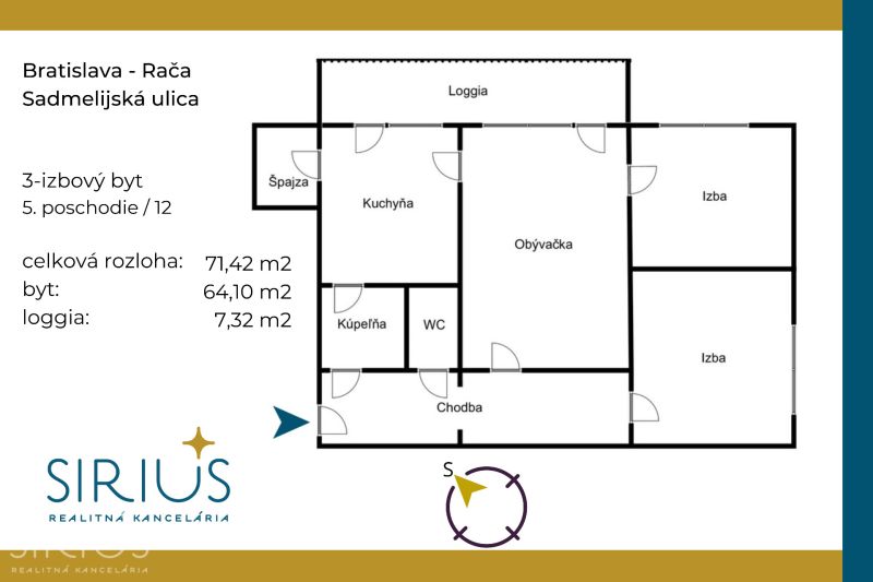 Floor plan of a 3-room apartment in Bratislava on Sadmelijska Street with a loggia.