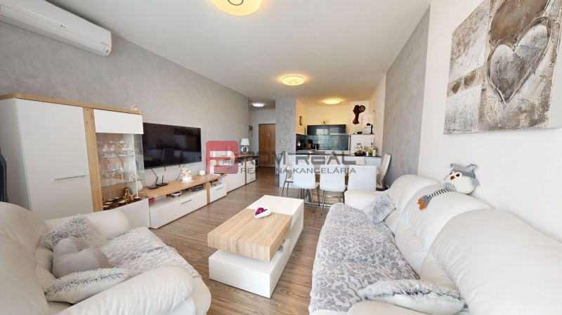 Living room with wood-patterned flooring and comfortable sofas in a two-room apartment.