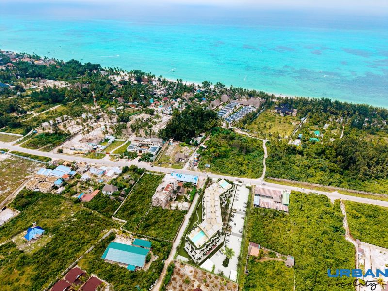 Aerial view of apartment construction, Paje, Unguja South, near the coast of the Indian Ocean.