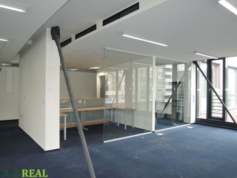Offices with glass partitions and blue carpet.