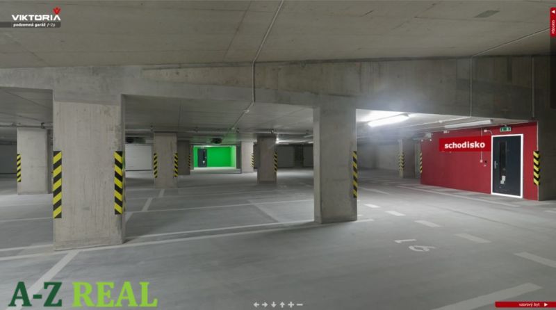 Underground garage on Košická Street in Bratislava-Ružinov with marked parking spaces.