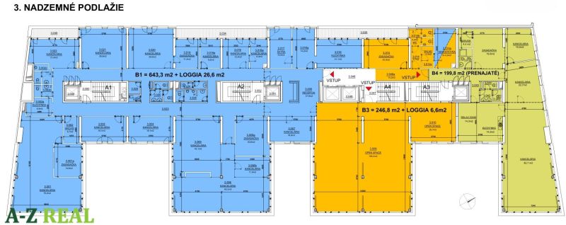 Floor plan of offices on the 3rd floor, with rental designation and loggias.