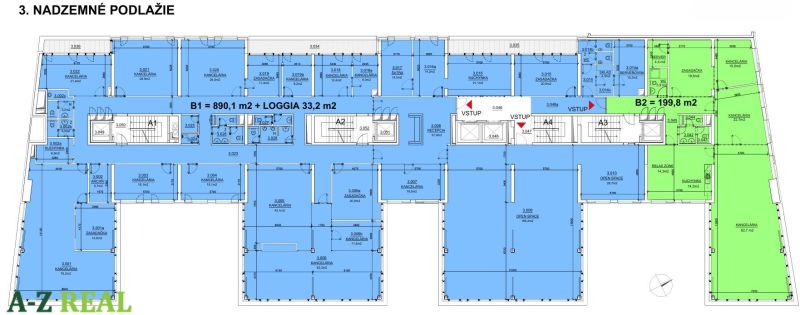 Floor plan of the offices on the third floor, containing offices, meeting rooms, and technical spaces.