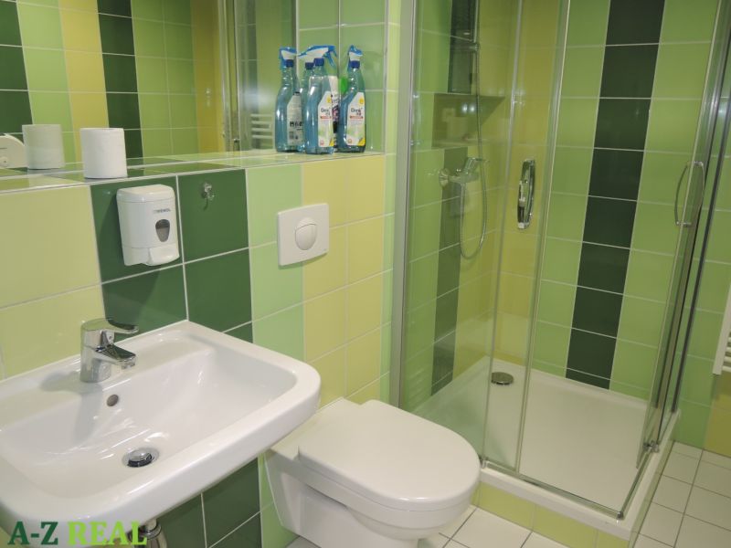 Bathroom with a sink, shower, and green tiles in the office.