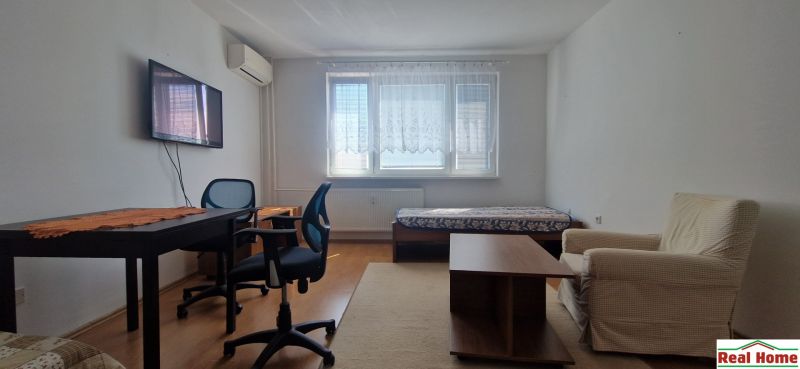 Living room with an armchair, TV, table, and wood-patterned flooring in a two-room apartment.