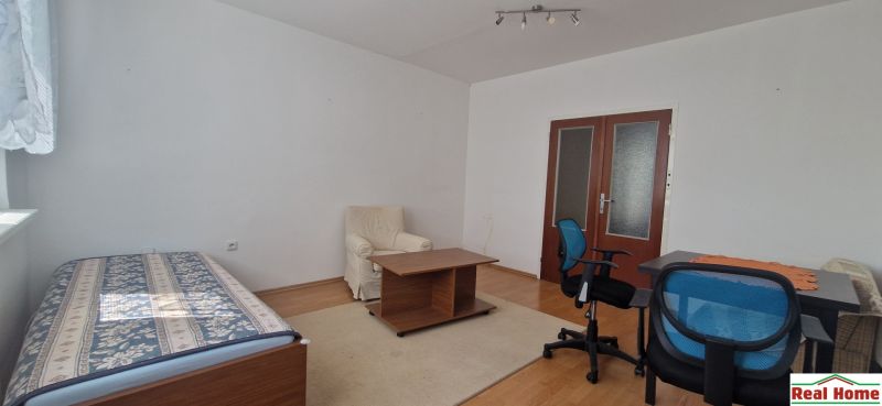 Living room in a 2-room apartment with a bed, an armchair, and a wooden decor floor.