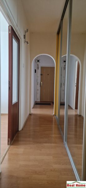 A hallway in a 2-room apartment with a wooden decor floor and a mirrored wardrobe.