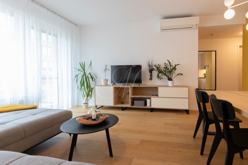 Living room in a two-room apartment with a wooden decor floor, light sofa, and greenery.
