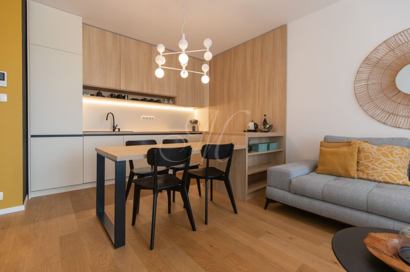 The kitchen of a 2-room apartment with modern furniture and a wooden decor floor.