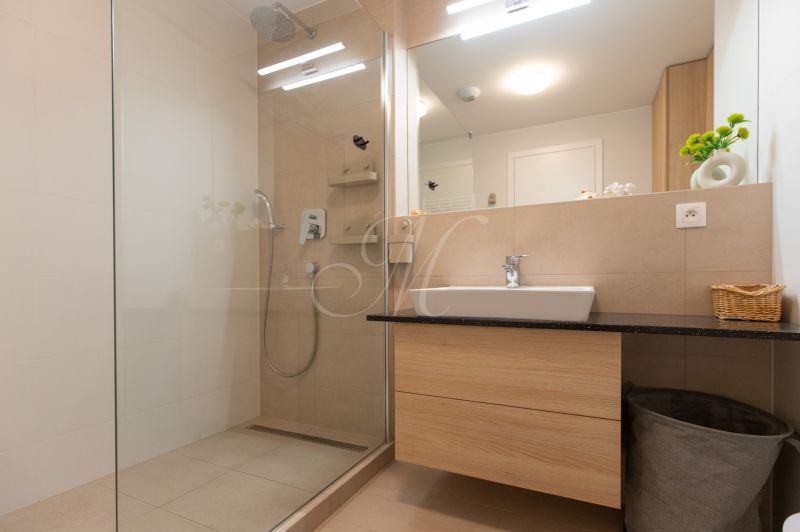 Bathroom with a walk-in shower and a wooden washbasin counter in a 2-room apartment.