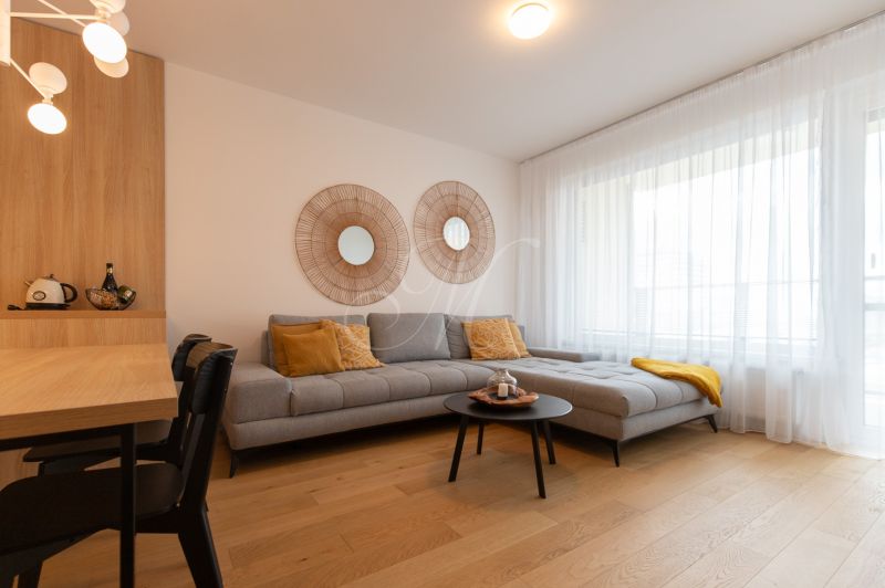 A living room with a wood-patterned floor and a gray sofa.