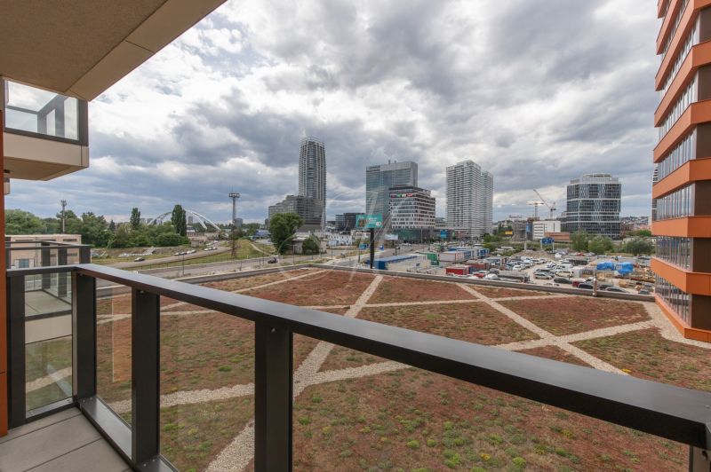 View from a 2-room apartment on Soukenicka Street in Bratislava with modern architecture.