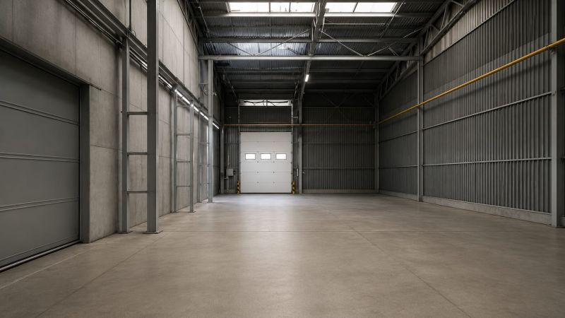 Spacious warehouse interior with concrete floor and large doors.