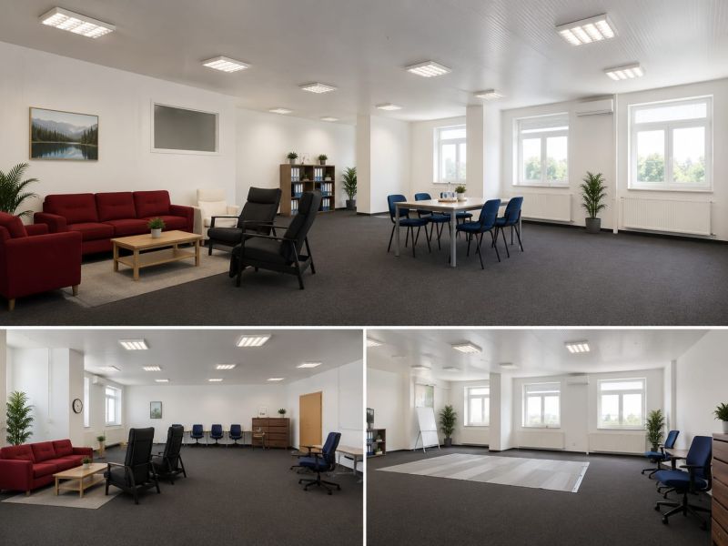 Office spaces with a sofa, tables, and chairs in warehouses and halls.