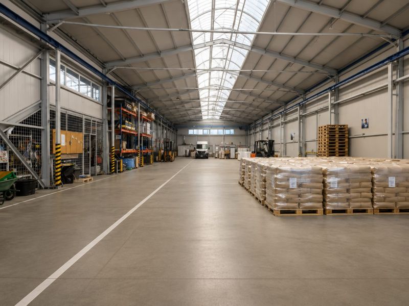Interior of warehouses and halls with stacked pallets and a handling cart on the floor.