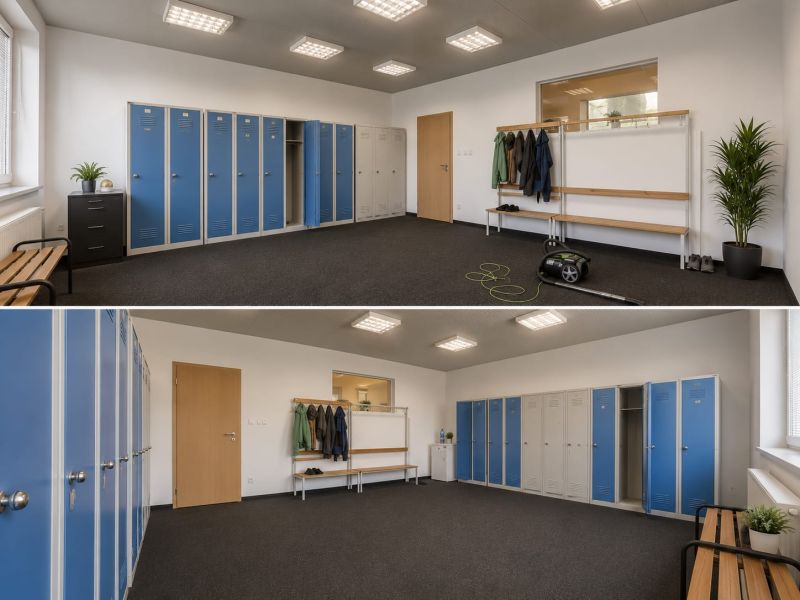 Locker room in warehouses and halls with blue and gray lockers, benches, and hooks.