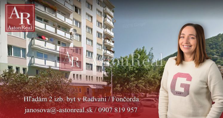 Banská Bystrica: Apartment building with 1-bedroom apartments, greenery, and contact information for the real estate agency.