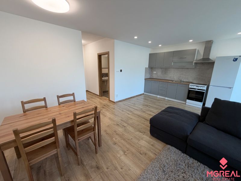 Interior of a 3-room apartment with a kitchen, dining table, and wooden decor flooring.