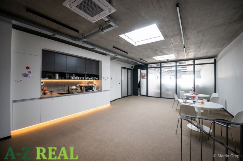 Offices with minimalist furniture, a glass wall, and a kitchenette with wood-patterned flooring.