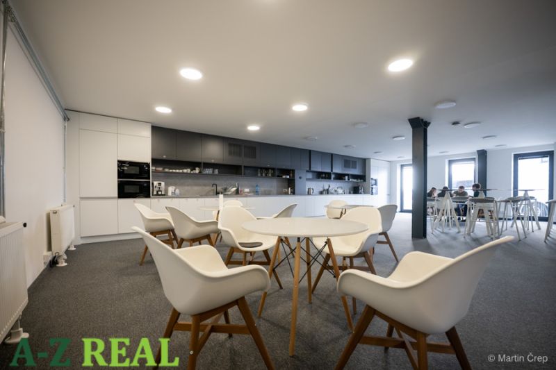 Offices with modern furniture and a kitchenette, a pleasant environment for employees.