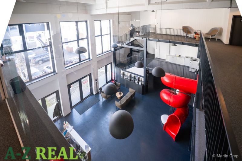 Office interiors with a slide, modern design, and large windows.