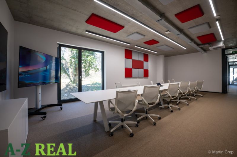 Modern meeting room with a large table, comfortable chairs, and audiovisual equipment.