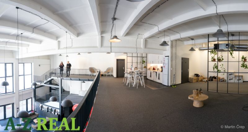 Offices with wood-patterned flooring, modern furniture, and high ceilings.