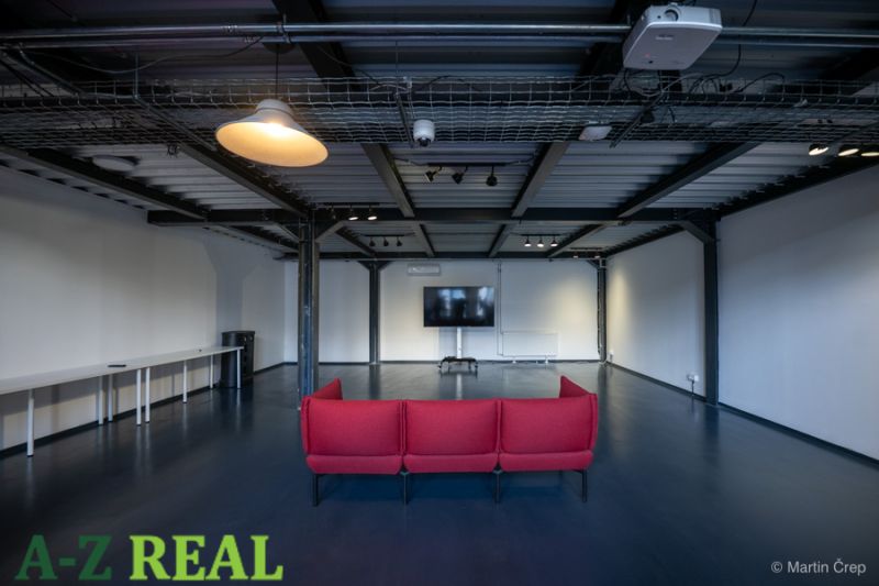 An office with a red couch, a television, and metal ceilings.