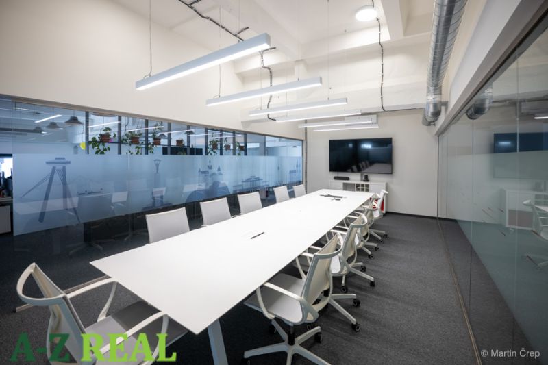 Conference room in offices with a long table and chairs, modern lighting.