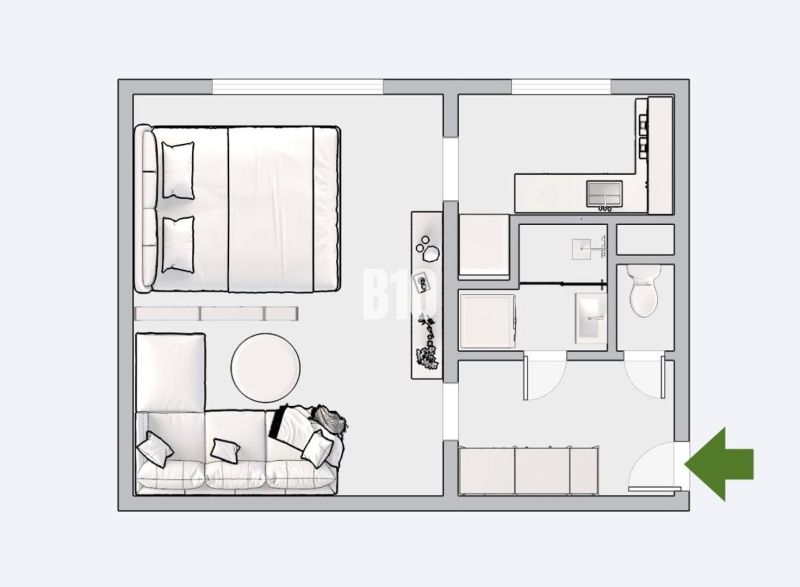 Floor plan of a 1-bedroom apartment with a bathroom, kitchen, living room, and bedroom.