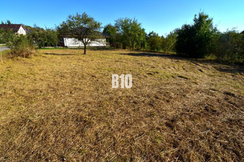 A plot for residential use in Moravské Lieskové with well-maintained green grass and trees.