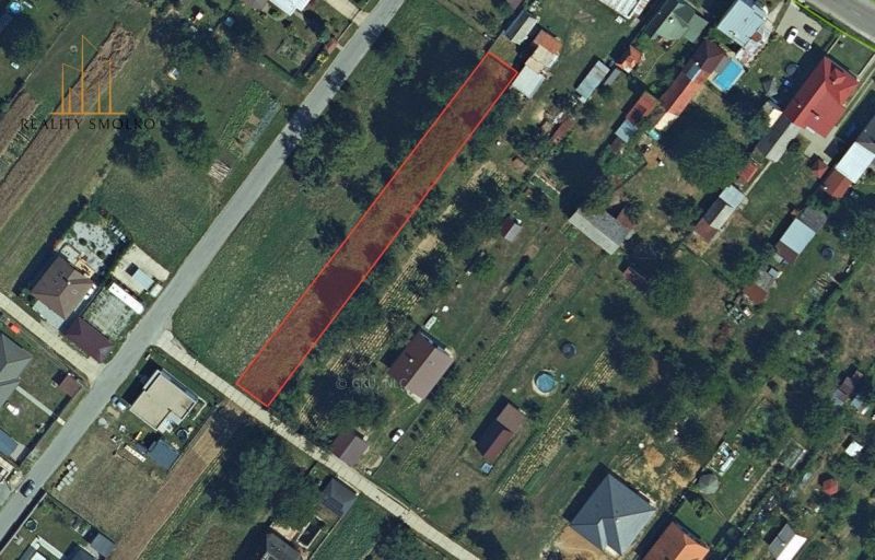 Aerial view of residential plots in Medzany with marked parcels.