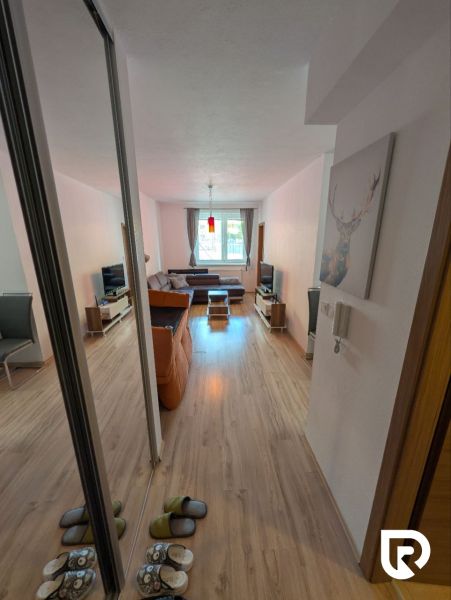 Living room in a two-room apartment with a comfortable sofa and a floor with a wooden decor.