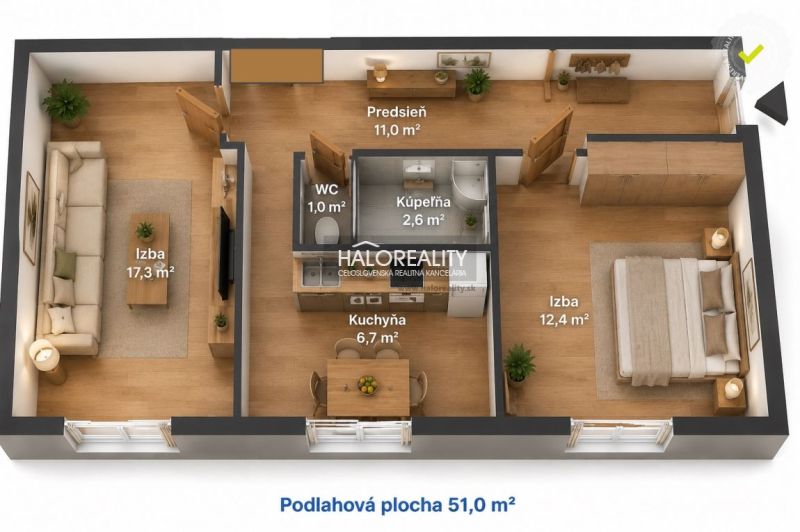 Floor plan of a 2-room apartment with a hallway, kitchen, bathroom, and two rooms.