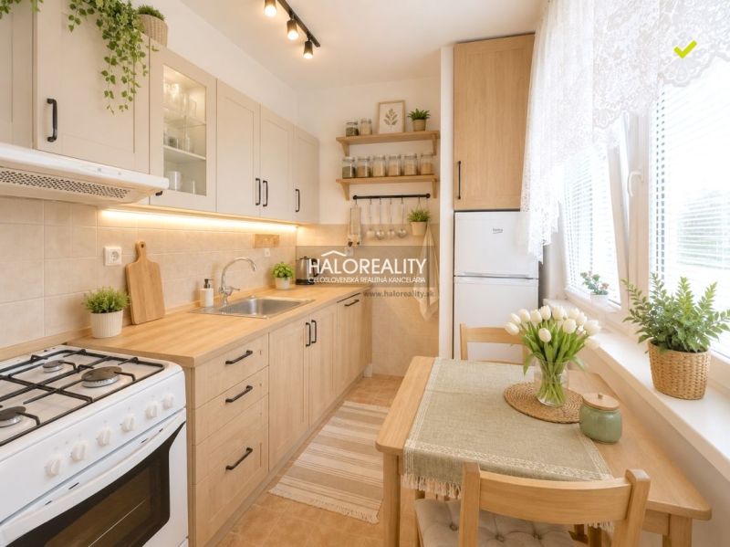 The kitchen of a 2-room apartment with shelves, a stove, and decorative plates on the wall.