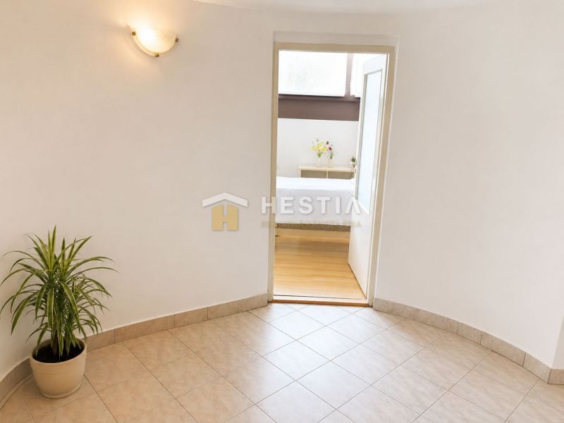 Interior space with tiles, a plant, and a view into a room with wood-patterned flooring.