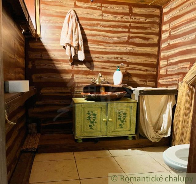 A bathroom in a family house with rustic wooden walls and a decorative sink.