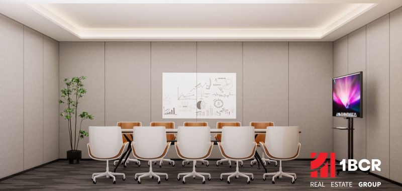 Conference room with a whiteboard, modern chairs, and a screen, Apartment construction.