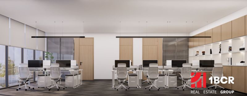 Office spaces with white desks and chairs, ideal for apartment development.