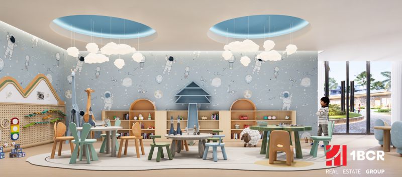 Interior of a children's playroom with a space theme and a wooden decor floor.