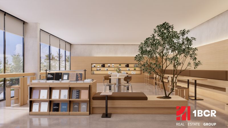 Modern interior with minimalist furniture and a large number of books in apartment developments.