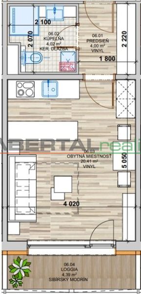 Floor plan of a 1-bedroom apartment with a kitchen area, living room, and loggia.