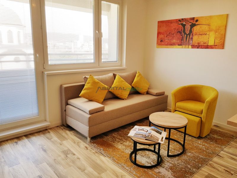 Living room in a one-room apartment with a wood-patterned floor, a sofa, and a yellow armchair.