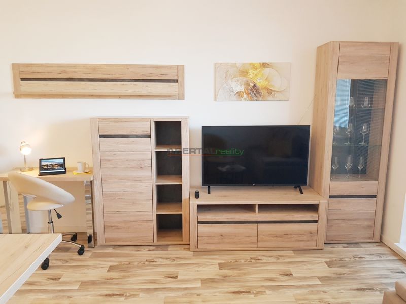 A one-room apartment with furniture in wood decor and flooring with a wooden pattern.