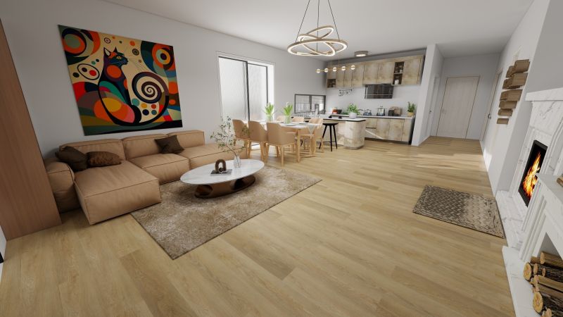 Living room in a family house with a wooden decor floor, a fireplace, and a colorful painting.