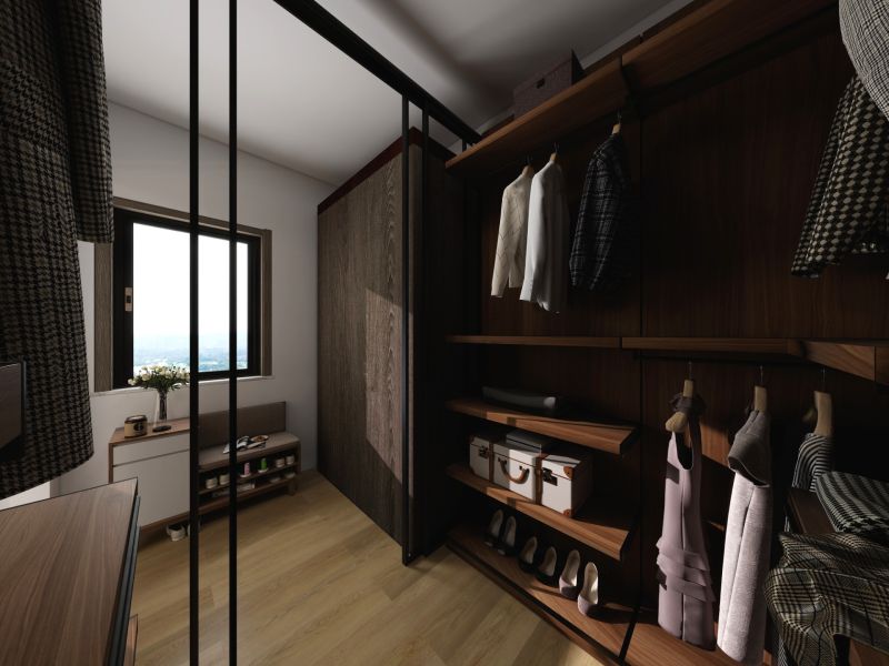 A wardrobe in a family house with shelves and a wooden decor floor.